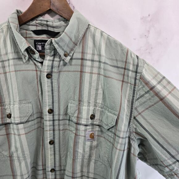 Carhartt Shirt Mens Large Green Short Sleeve Button Up Plaid Collared Loose Fit - Picture 10 of 11